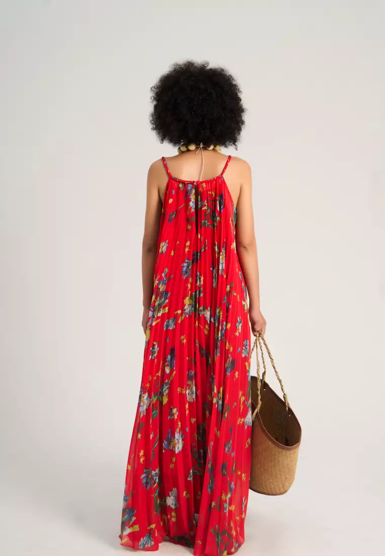 純紅色雪紡長連身裙