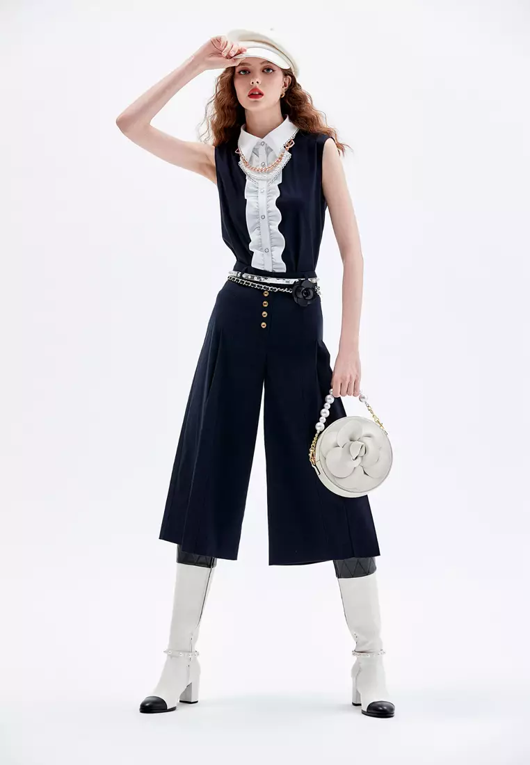 Pleated Wide Leg Navy Pants