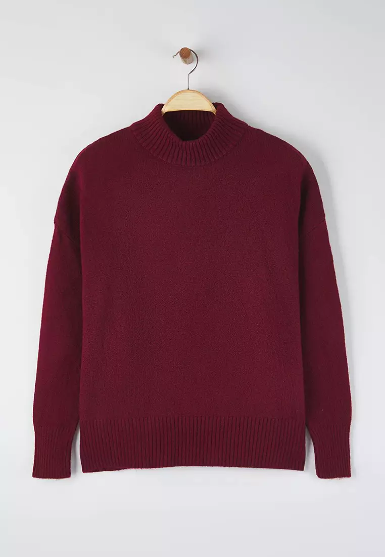Claret Red Wide Pattern Soft Textured Stand Collar Knitwear Sweater