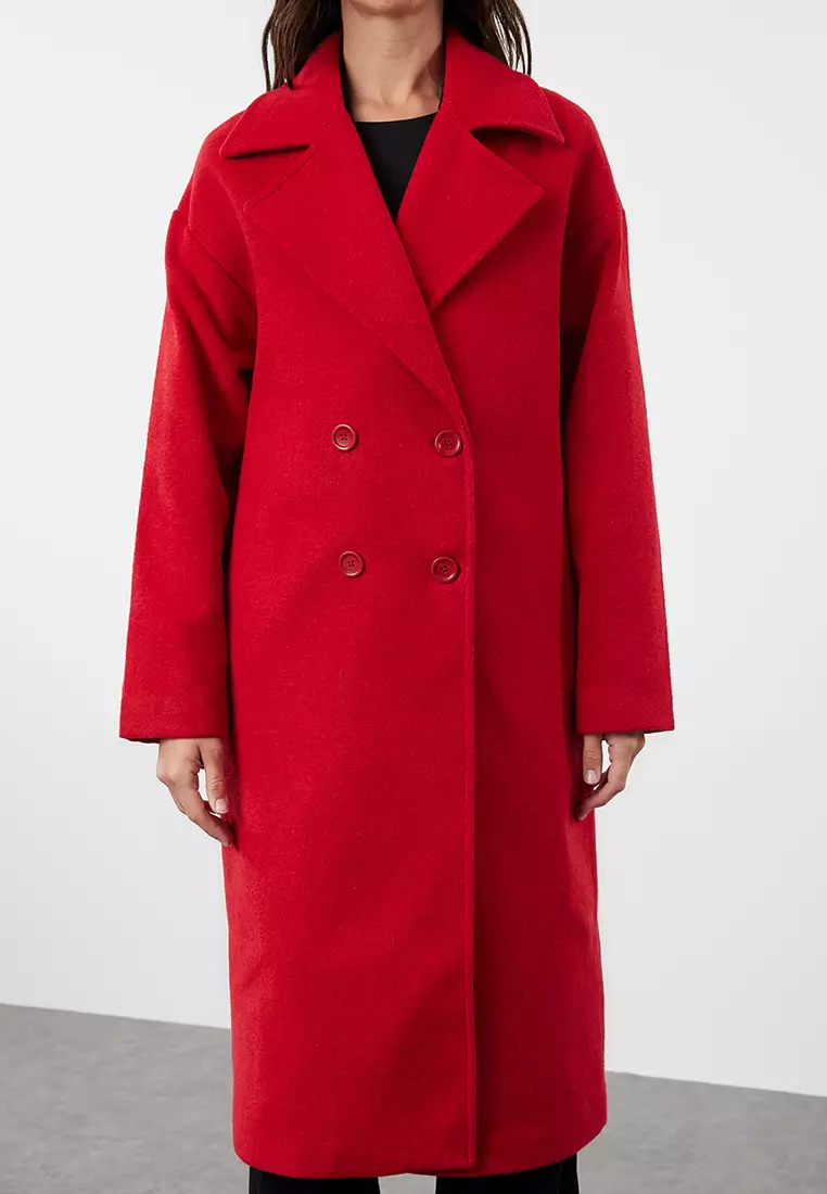 Red Oversize Wide Cut Long Wool Cashmere Coat TWOAW21KB0038