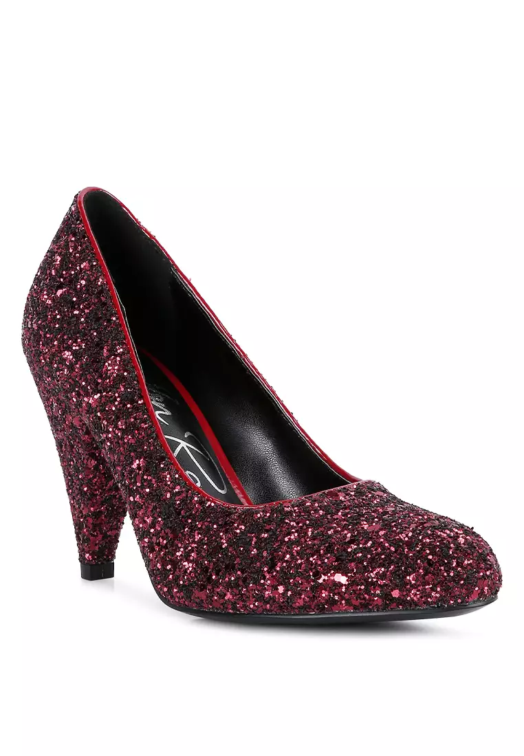 Burgundy Glitter Conical Heel Pumps