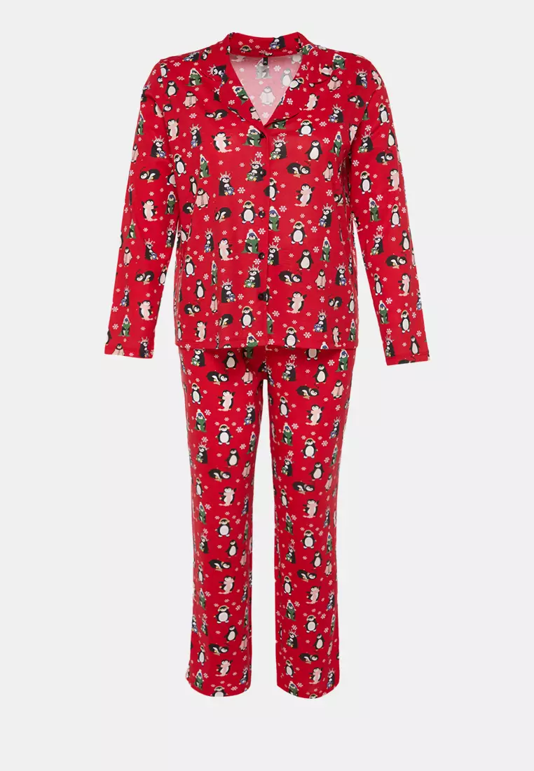 New Year's Themed Red Knitted Pajamas Set - Shirt Collar Tbbaw24Ai00002
