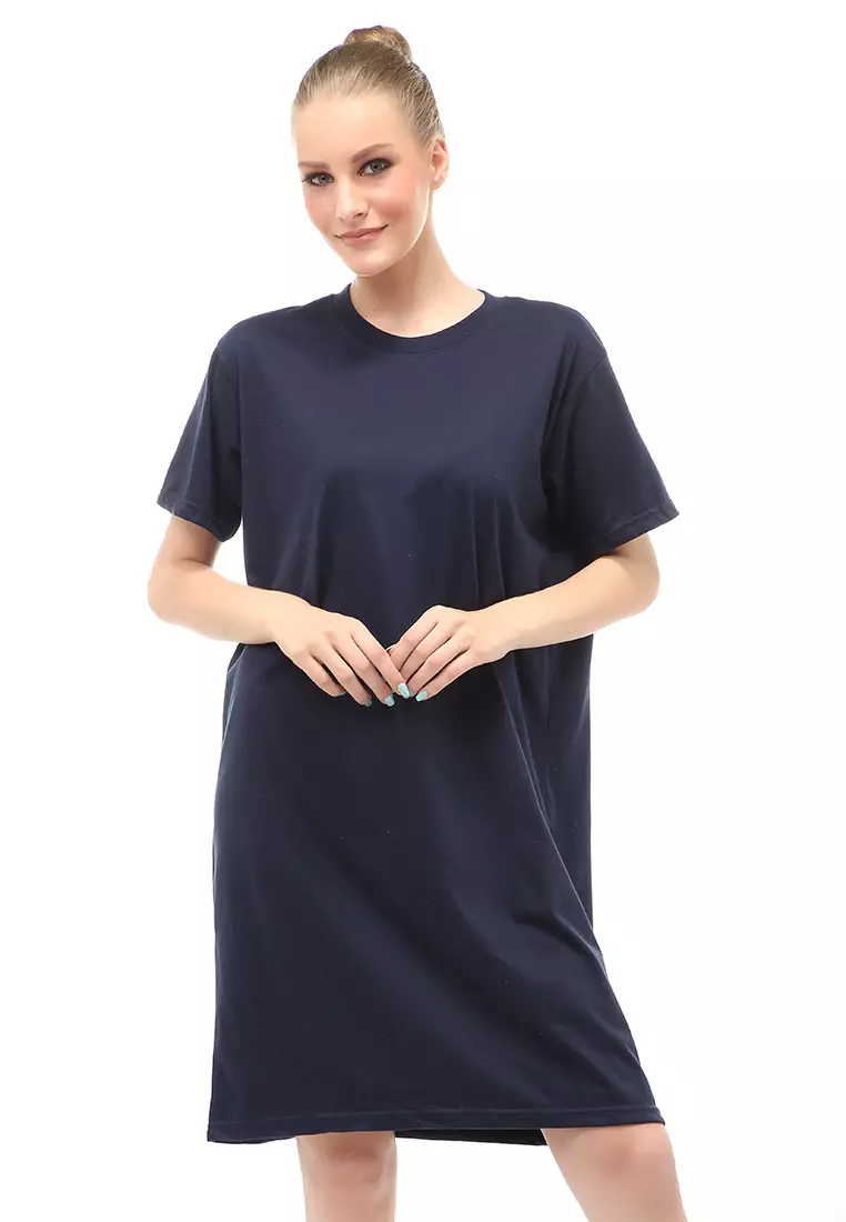 Finch Midi Dress Wanita Short Sleeves Motif Polos - Navy