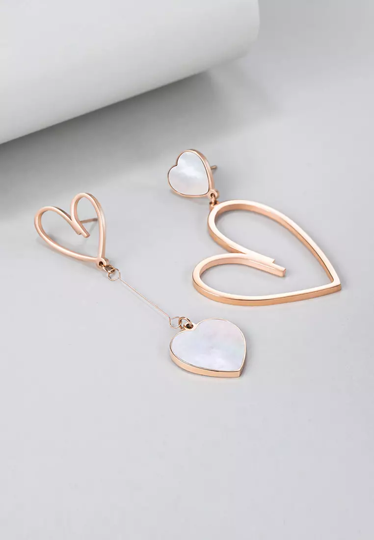 Open-Hearted MOP Shell Inlaid Asymmetrical Earrings Rose Gold Layered