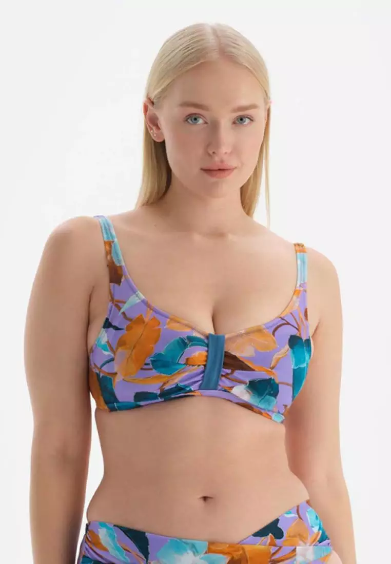 Lilac Minimizer Bikini Top Leaf Printed Full Cup Non wired Swimwear for Women