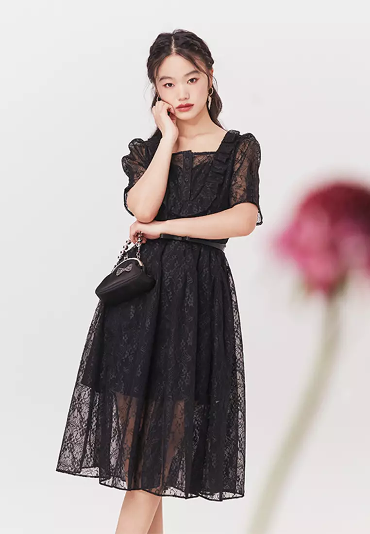 Square Neck Short Sleeve Lace Cocktail Dress