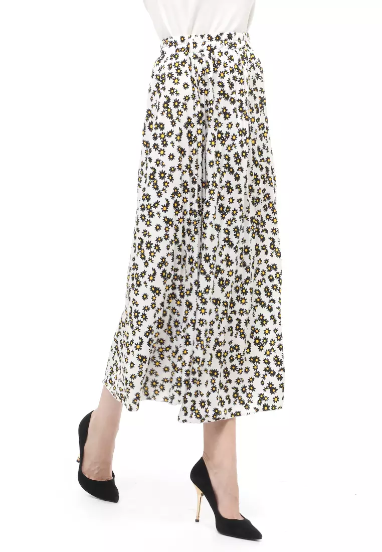 Rok Plisket Motif Print Design Vintage Rubbery Waist Bawahan Wanita - Daisy Kecil Putih
