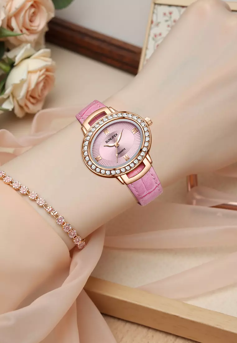 Jam Tangan Wanita Original Korea Kuarsa Antik Tali Kulit Kasual Oval Jam Tangan Cewek E052 pink