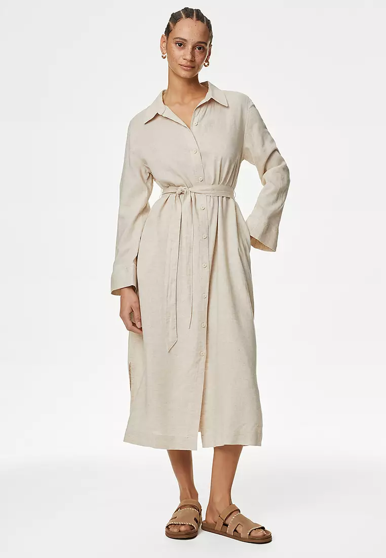 Linen Blend Midaxi Relaxed Shirt Dress