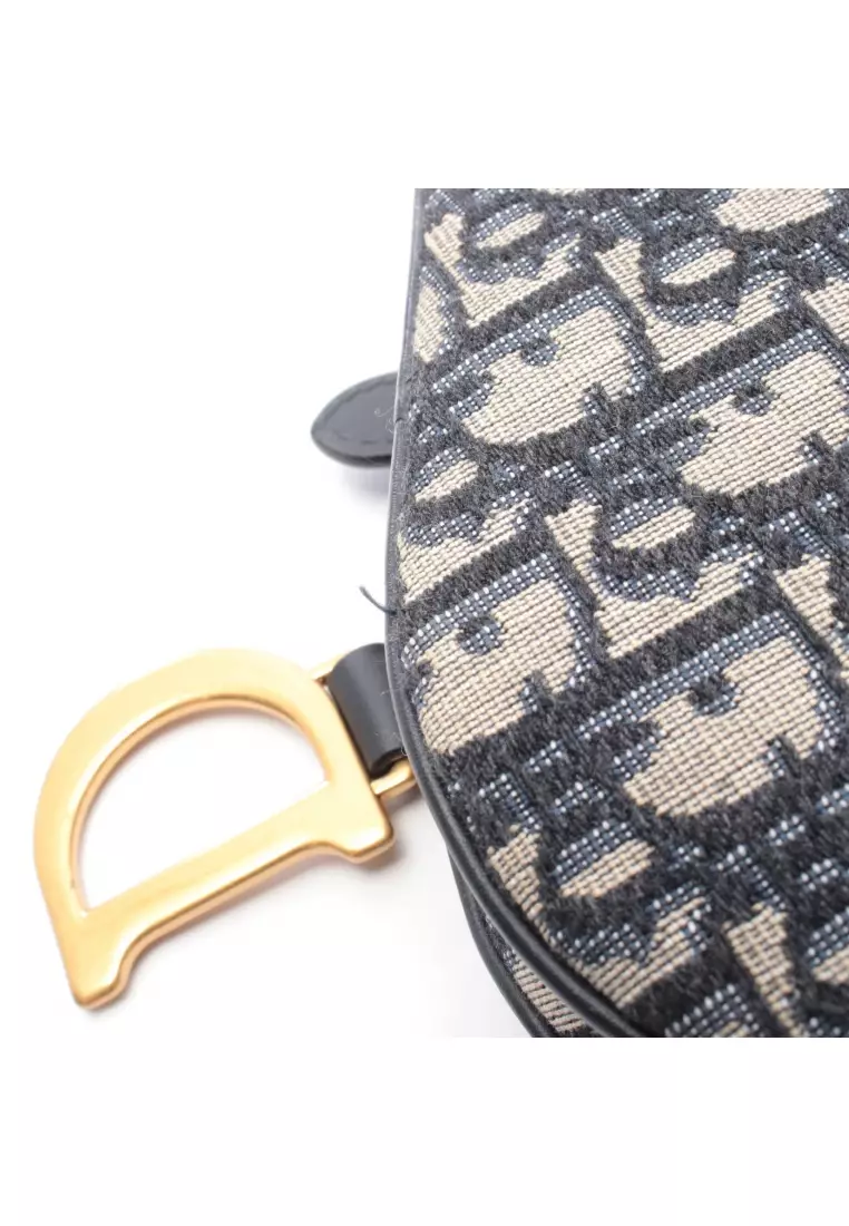 Pre-Loved Christian Dior saddle bag mini oblique jacquard Handbag canvas leather ivory Navy With optional shoulder strap 2WAY