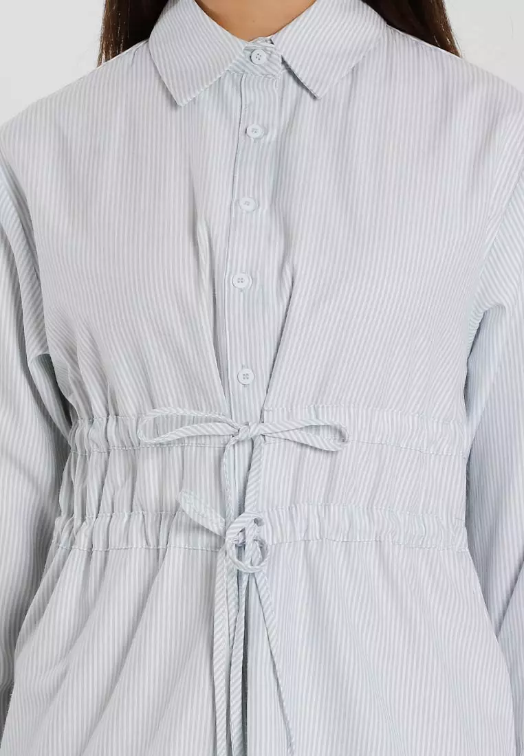 Forest Ladies Poly Cotton Striped Ribbon Shirt Women Long Sleeve Shirt | Baju Kemeja Perempuan - 822509