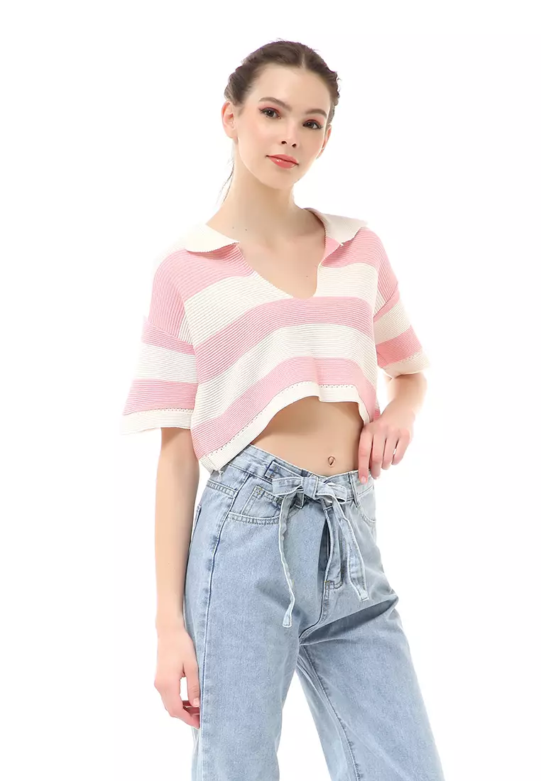 Albertine Atasan Crop Wanita Lengan Pendek Motif Salur Material Rajut ORIGINAL - Pink