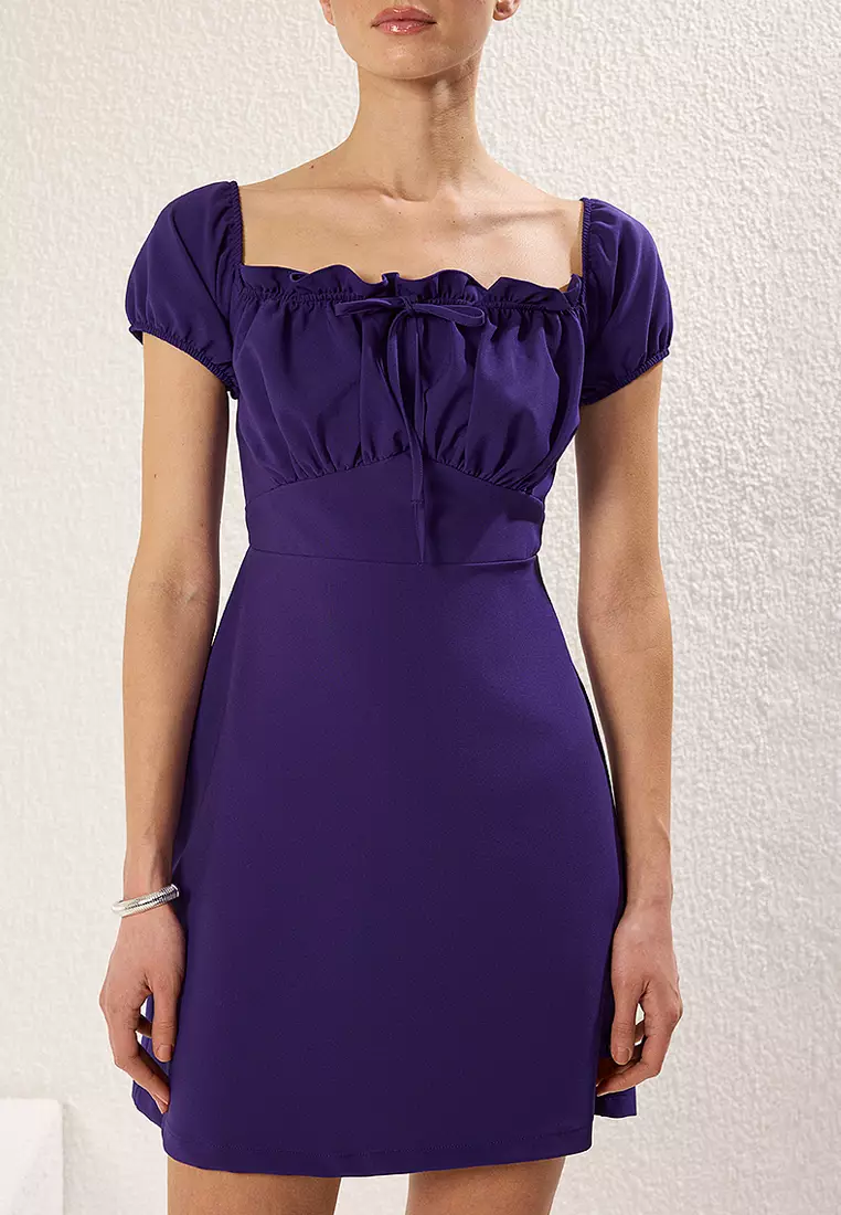 Purple A-Line Carmen Collar Mini Woven Crepe Dress