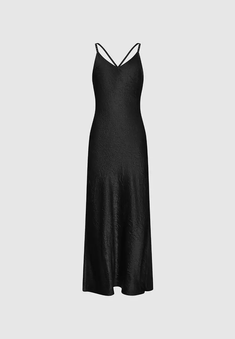 Cross Back Textured Satin Maxi Dress