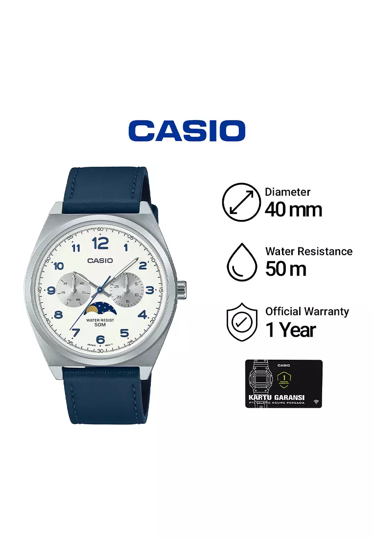 Casio Moon Phase Series Jam Tangan Pria White Dial Blue Leather Band - MTP-M300L-7AV
