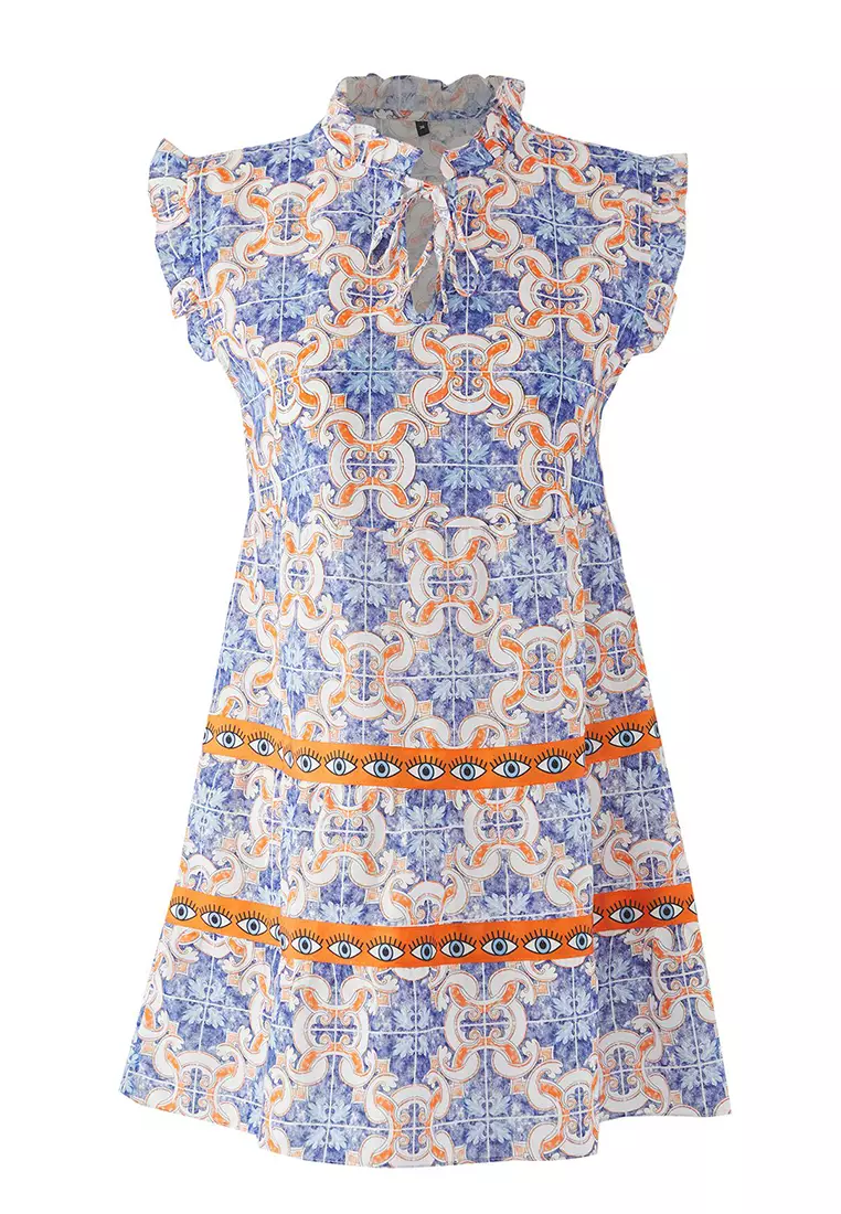 Geometric Patterned Woven Ruffle Detailed 100% Cotton Beach Dress TBESS25EL00140