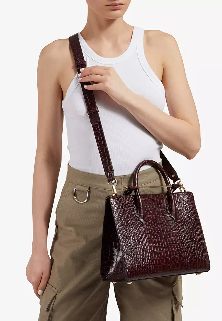 Strathberry Midi Croc-embossed Leather Tote - Burgundy