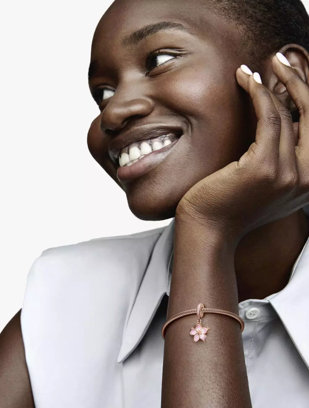 Spinable cherry blossom 14k rose gold-plated dangle with fancy fairy tale pink cubic zirconia and shaded pink enamel