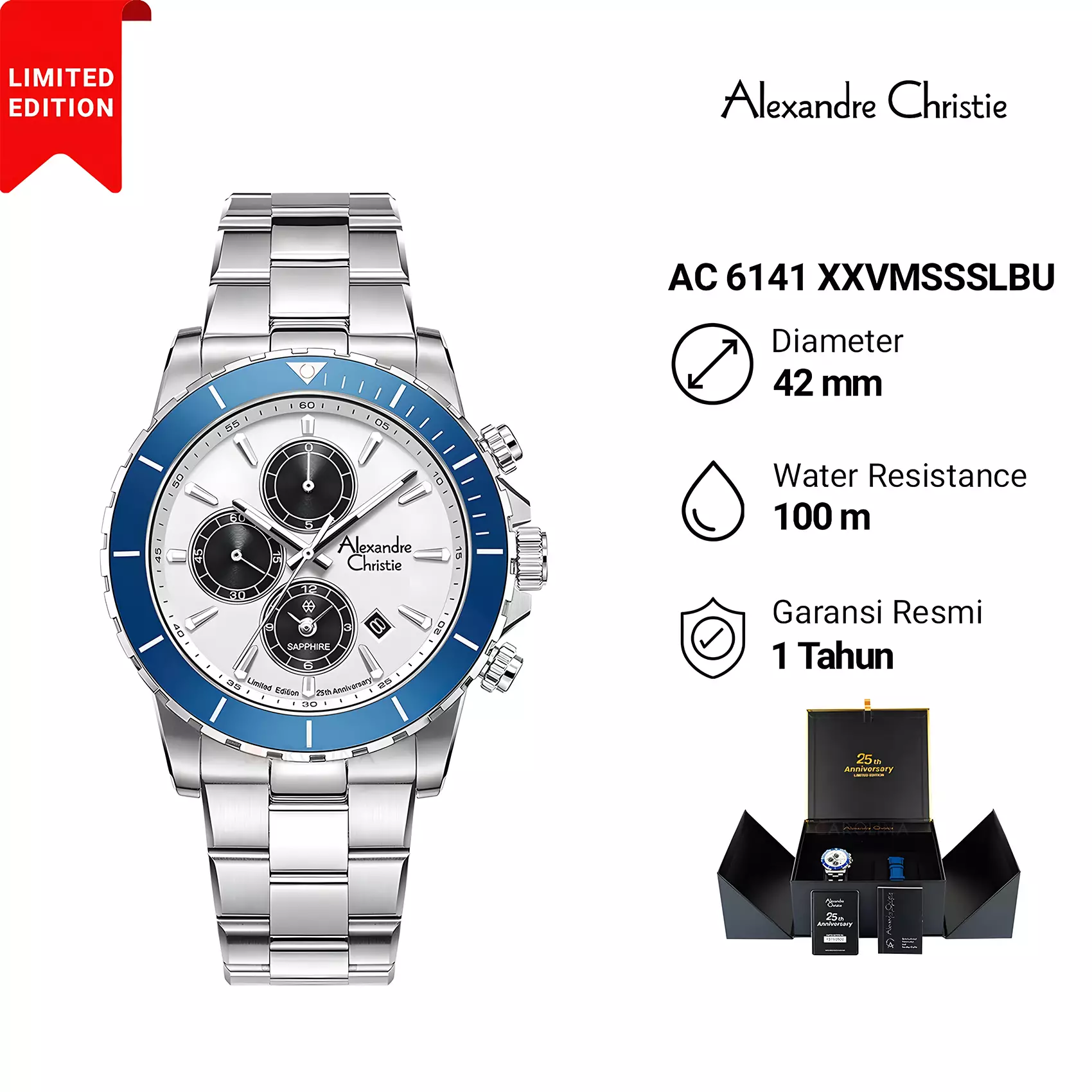 Alexandre Christie 25th ANNIVERSARY Limited Edition - Jam Tangan Chronograph Pria - Two Tone Blue - All Stainless Steel - 6141 XXVMSSSLBU