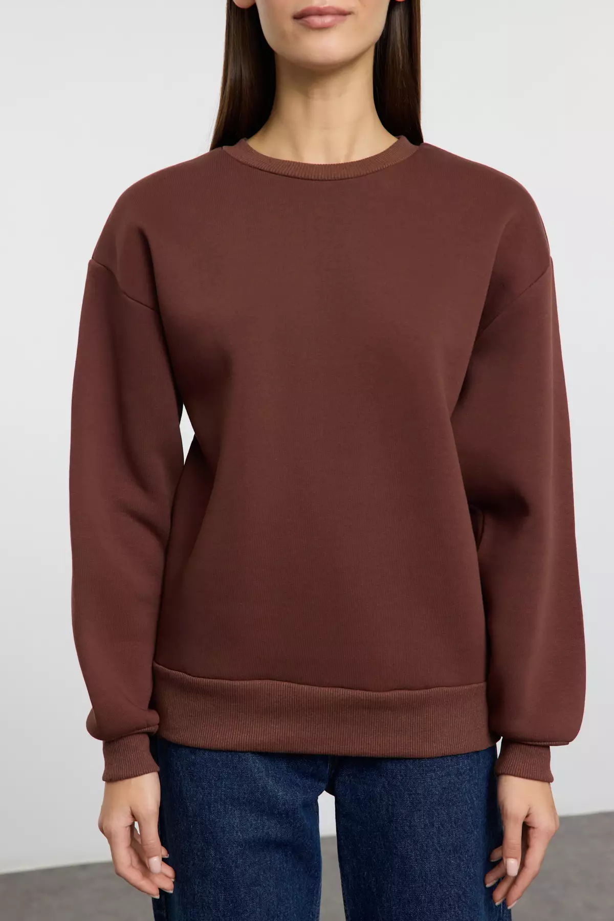 Thick Cut Brown Fleece Crew Neck Sweatshirt