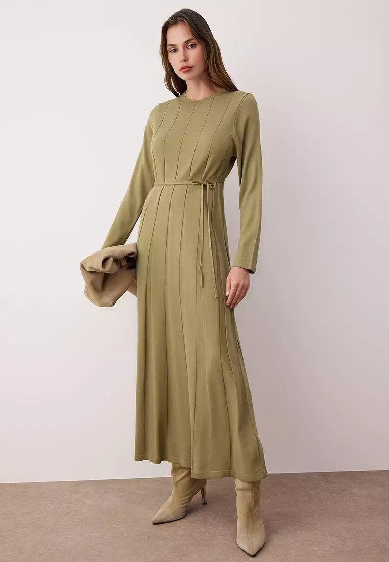 Khaki Oil Green Thin Belted Pleated Knit Dress