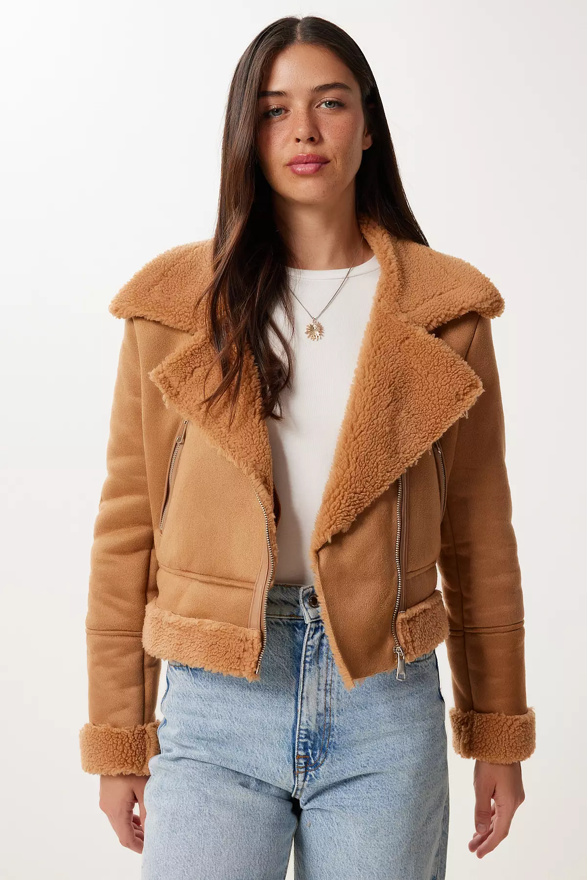 Women's Camel Faux Fur Nubuck Jacket Dd01371