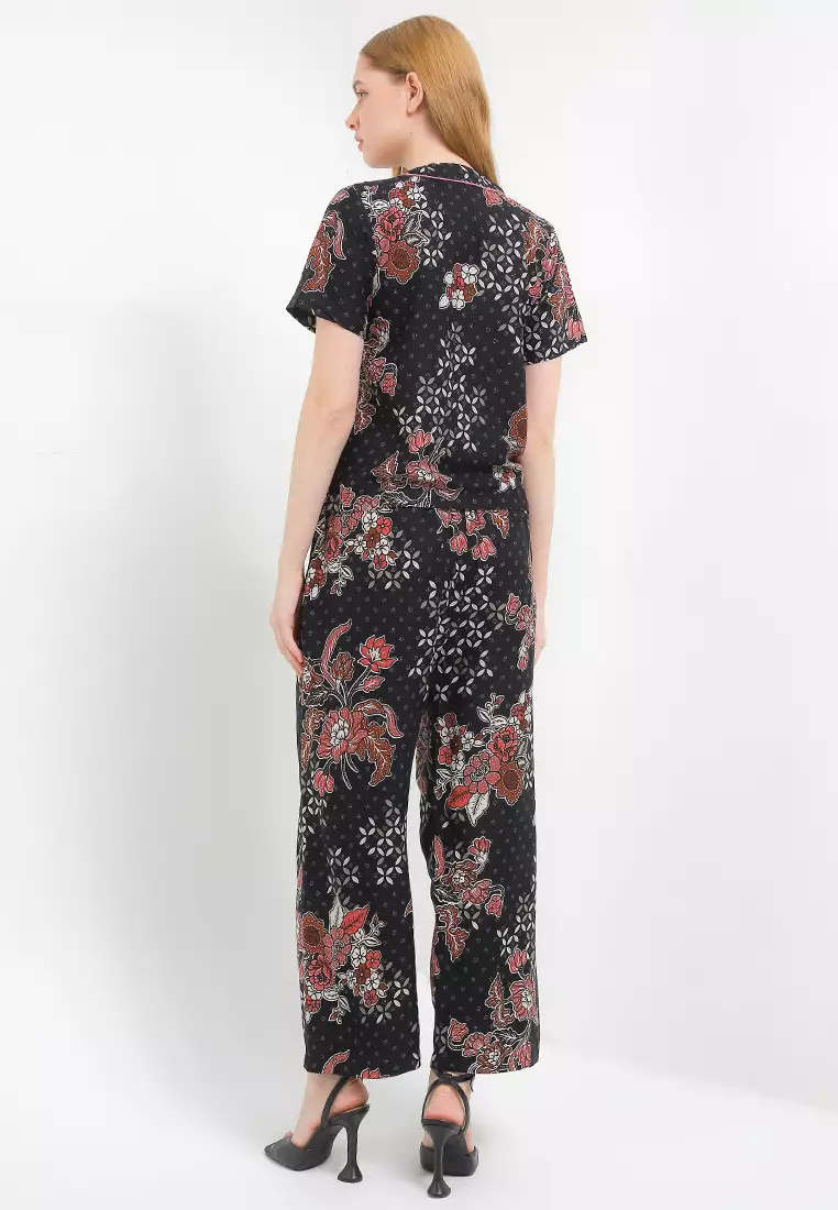 Piyama Katun Rayon Sleepwear Wanita One Set Zafea Setelan Atasan dan Celana Bawahan Black