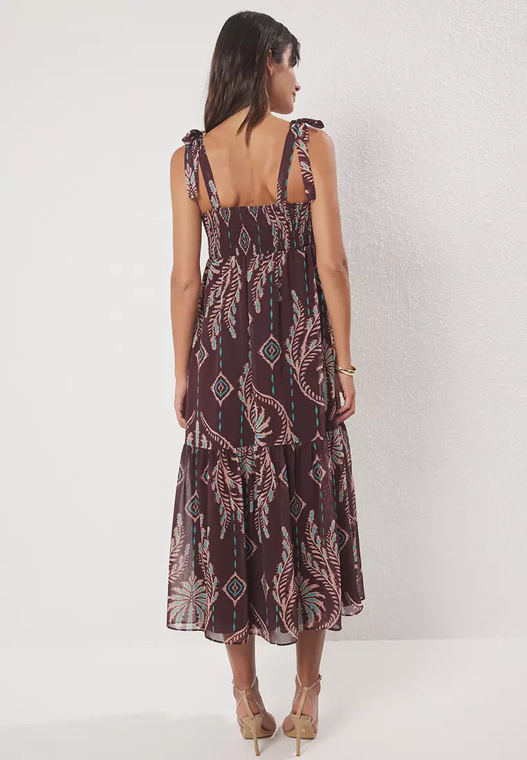 Brown Shawl Pattern Skirt Waist Opening Gipel Maxi Woven Dress TWOSS25EL00710