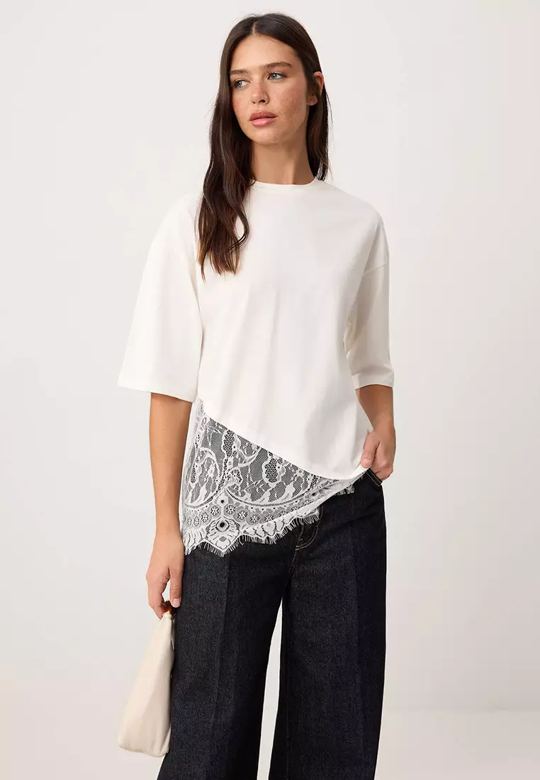 Ecru Regular/Normal Fit Lace Detailed Short Sleeve Knitted T-Shirt Twoss26Ts33