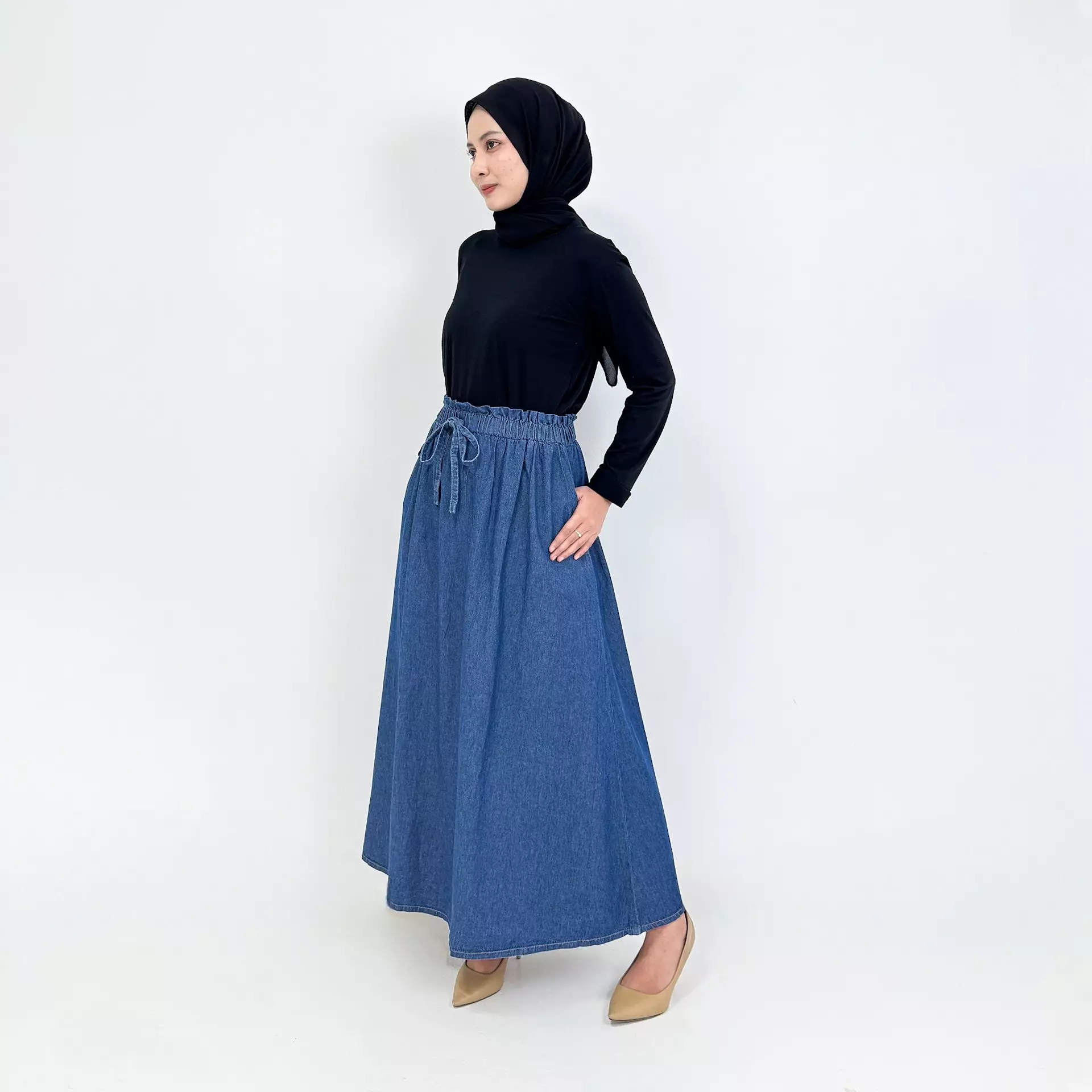Tiara Rok Panjang Jeans Wanita  [BIRU TUA] Maxi Fit 90 Kg