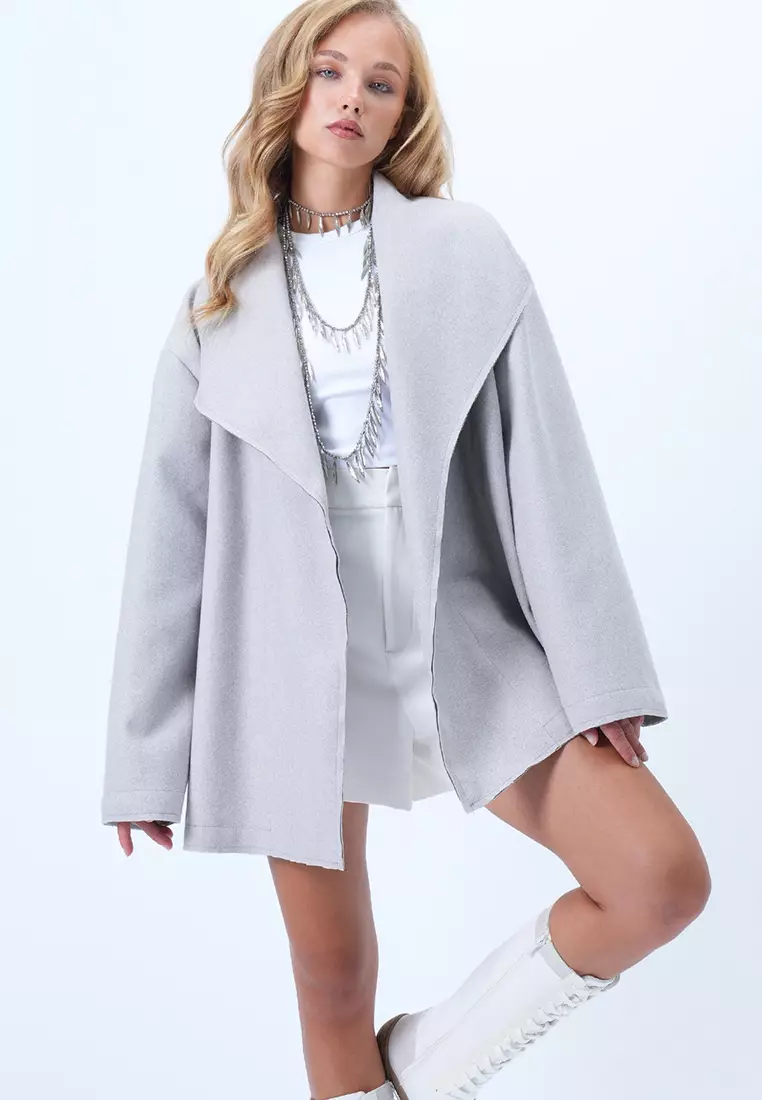 Women's Gray Jacket Collar Stitch Detailed Cashmere Coat Alc-X14422