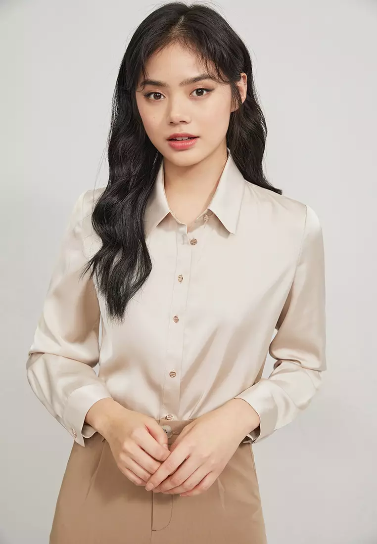 Long Sleeve Satin Button Blouse