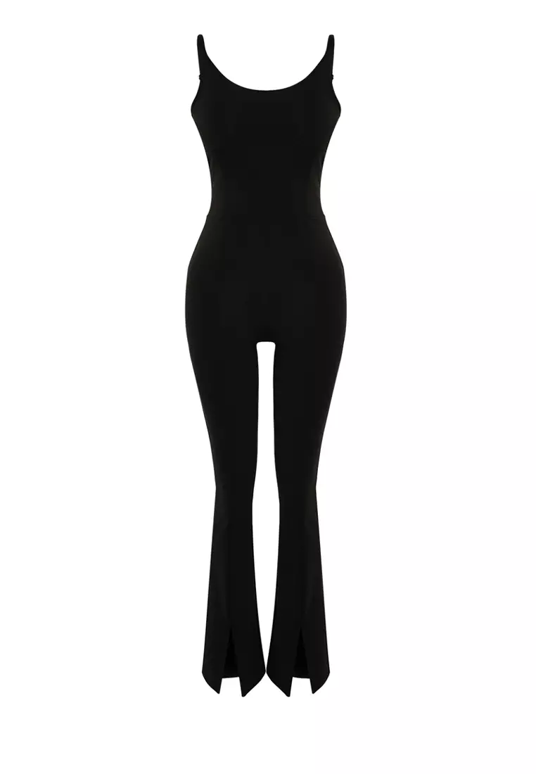 Black Extra Recovery Adjustable Rope Strap Support Yoga Knitted Sports Jumpsuit THMSS24TU00005