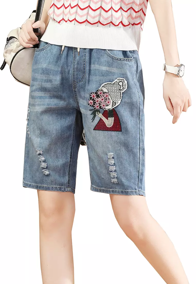 Ladies denim shorts outlet with elastic waist
