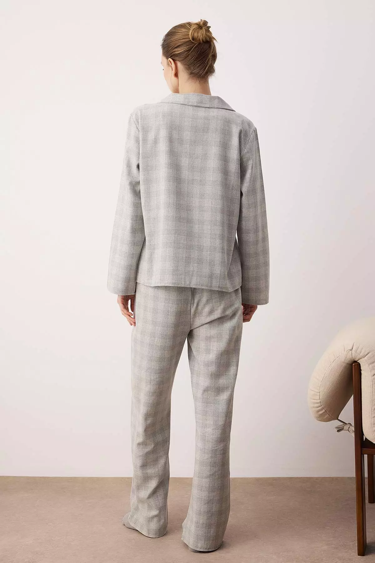 Gray Cotton Thick/Winter Plaid Flannel Woven Pajama Set Thmaw26Pt196