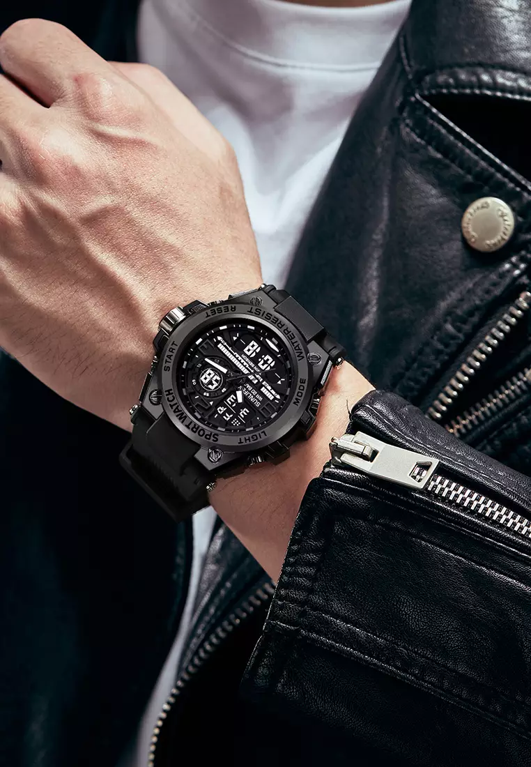 Jam Tangan Pria Digital&Analog Olahraga Multifungsi Tali Silikon Jam Tangan Cowok D003 black