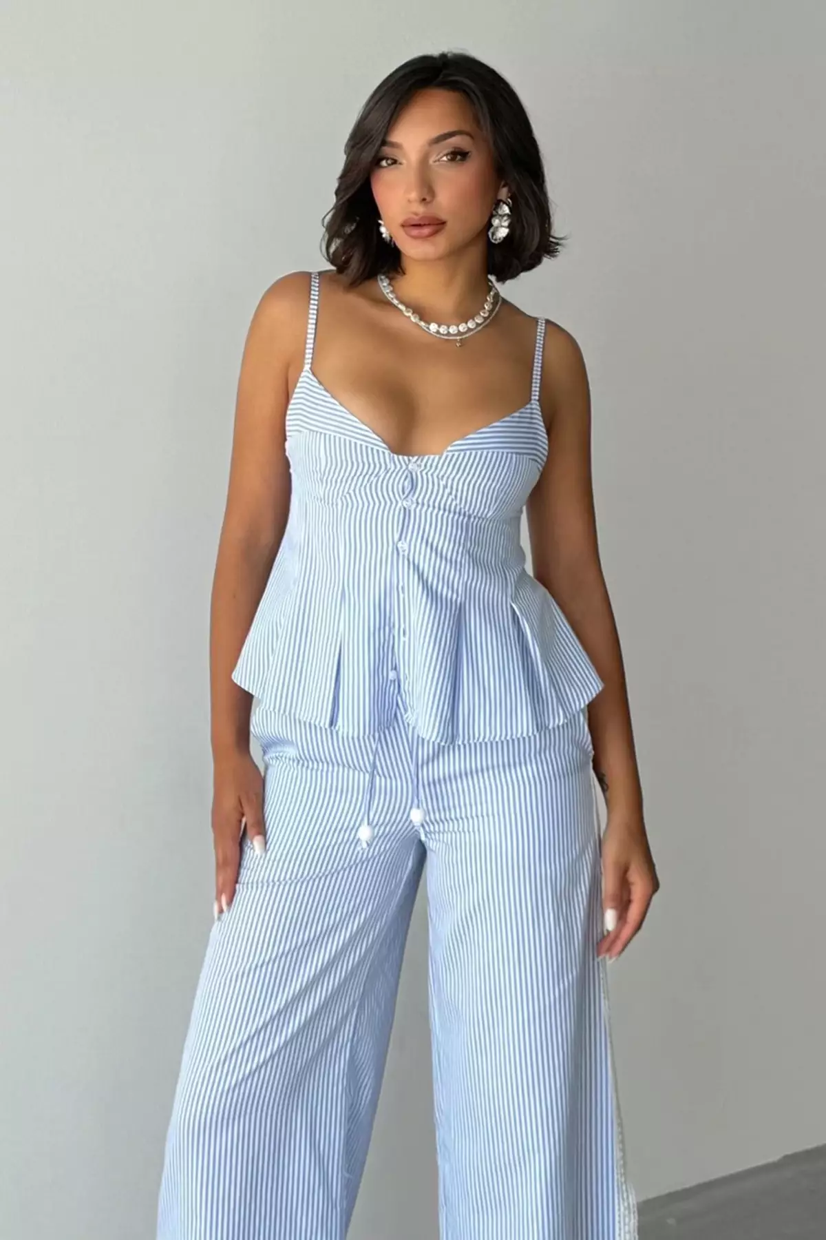 Blue Striped Strap Blouse Pants Bottom Top Set