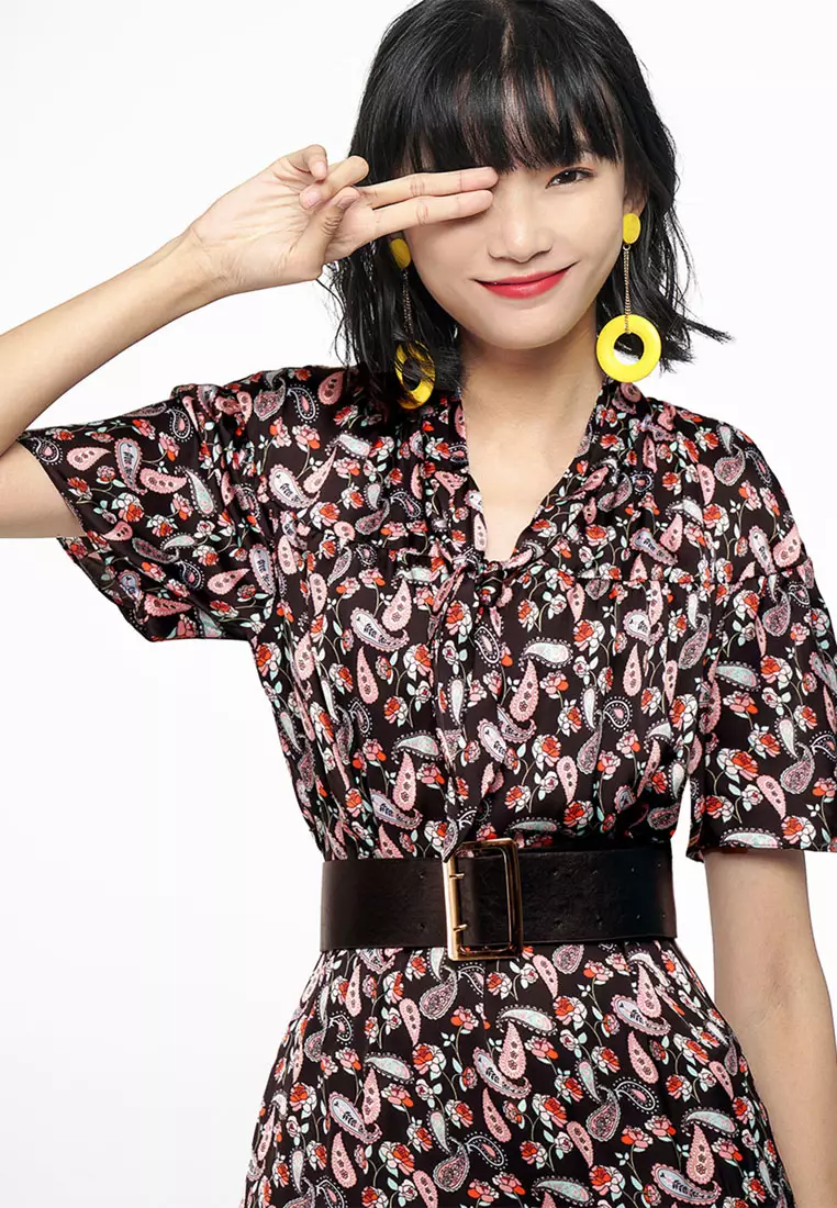 Printed Belted Dress With Tied Neck