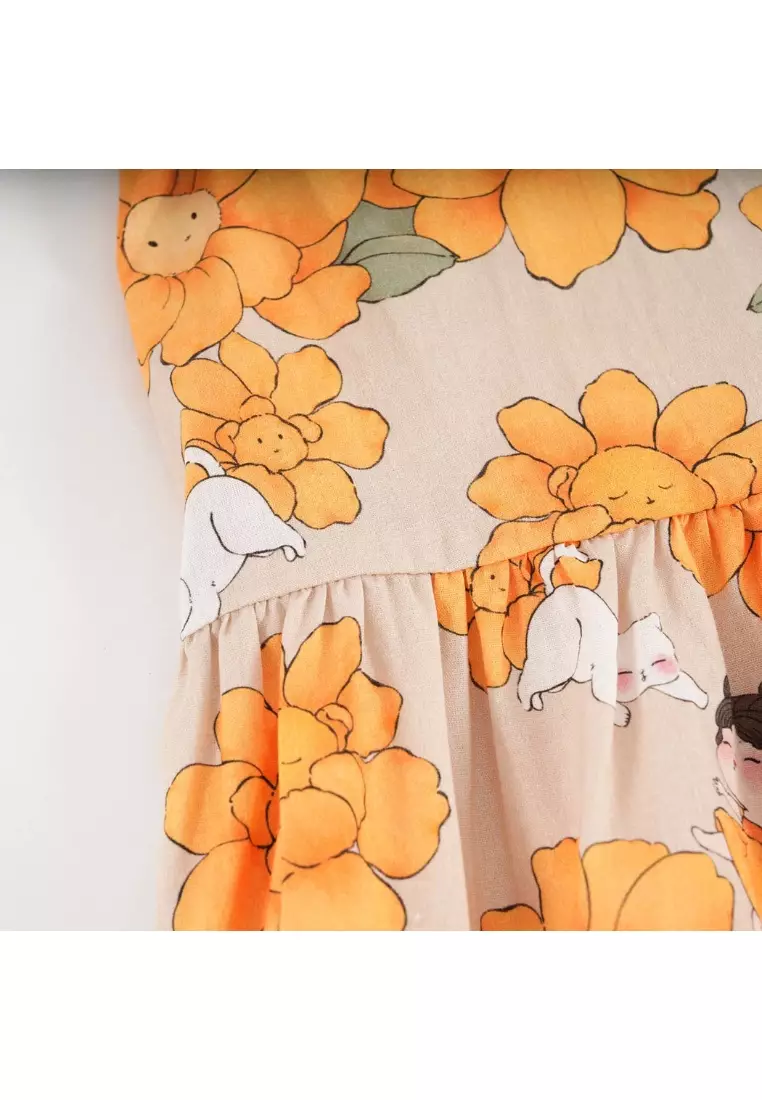 向日葵小女孩與貓嬰兒兒童女童旗袍連衣裙0846