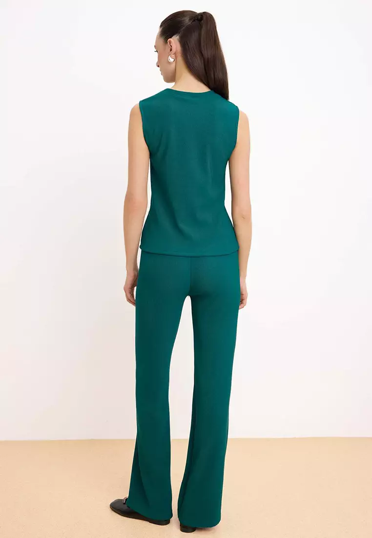 Emerald Green Silver Button Accessory Zero Sleeve Top Pants Knitted Bottom - Top Set Twoaw26Au83