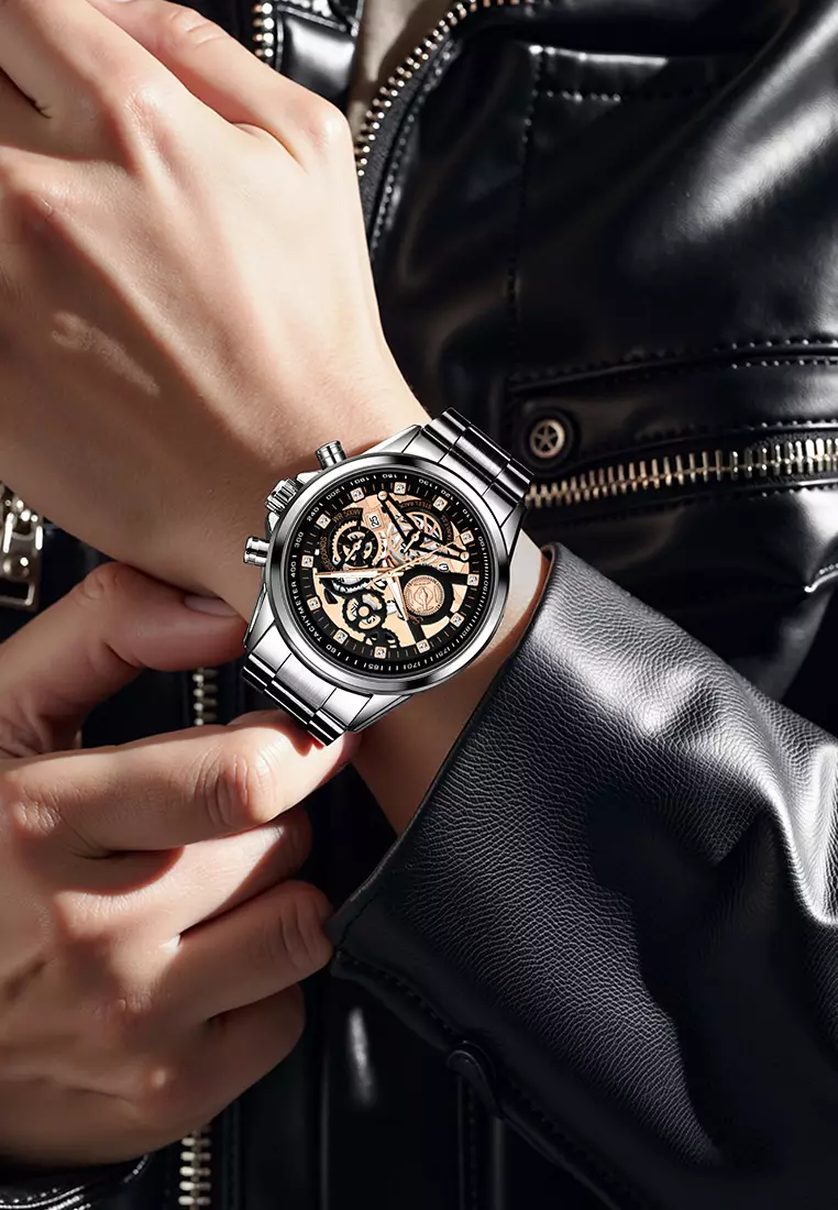 Jam Tangan Pria 3352 Bercahaya Dial Berongga Santai Mode Tali Stainless Steel Kalender Jam Tangan Cowok silver