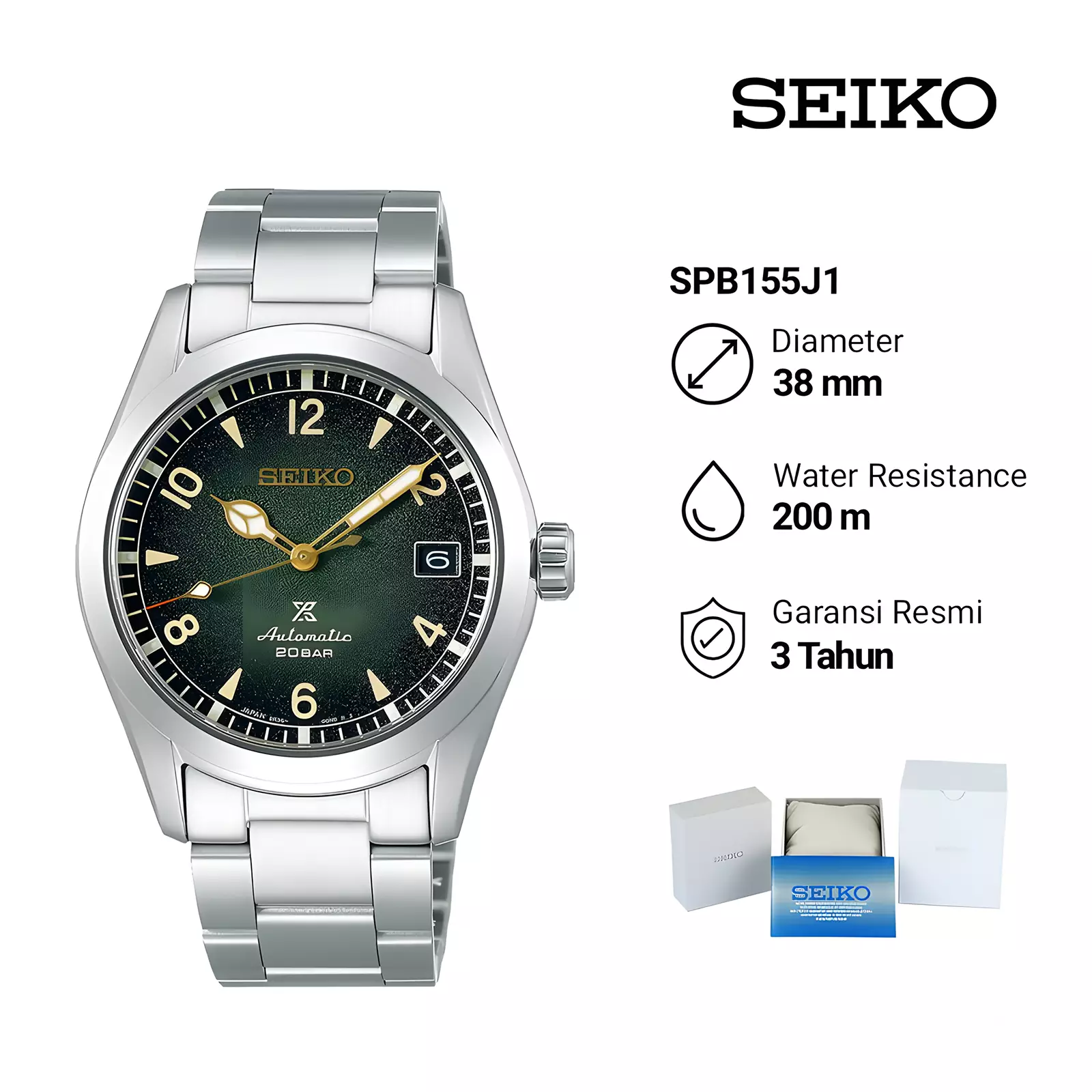 Seiko Prospex Land Baby Alpinist SPB155J1 - Jam Tangan Automatic Pria - Green Dial - Silver Stainless Steel