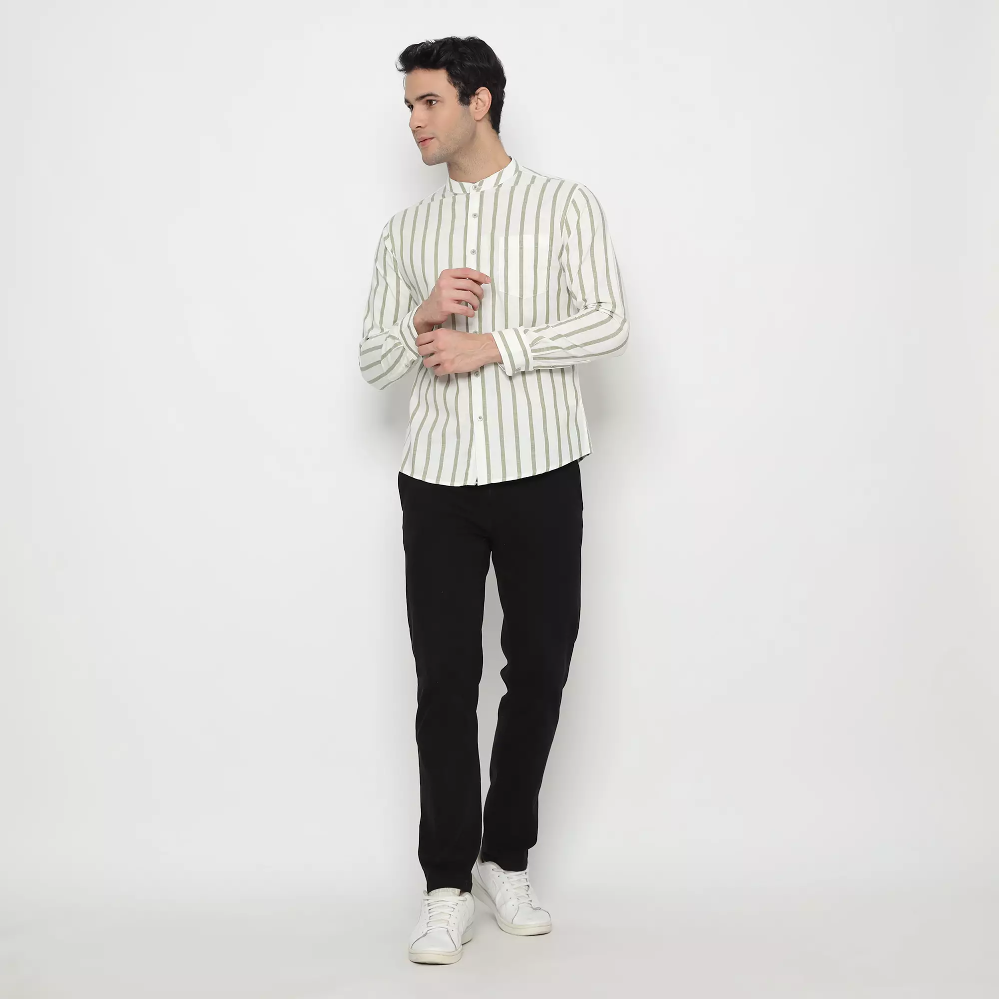 Platini Kemeja Shanghai Salur Pria Lengan Panjang Katun Hijau 961127