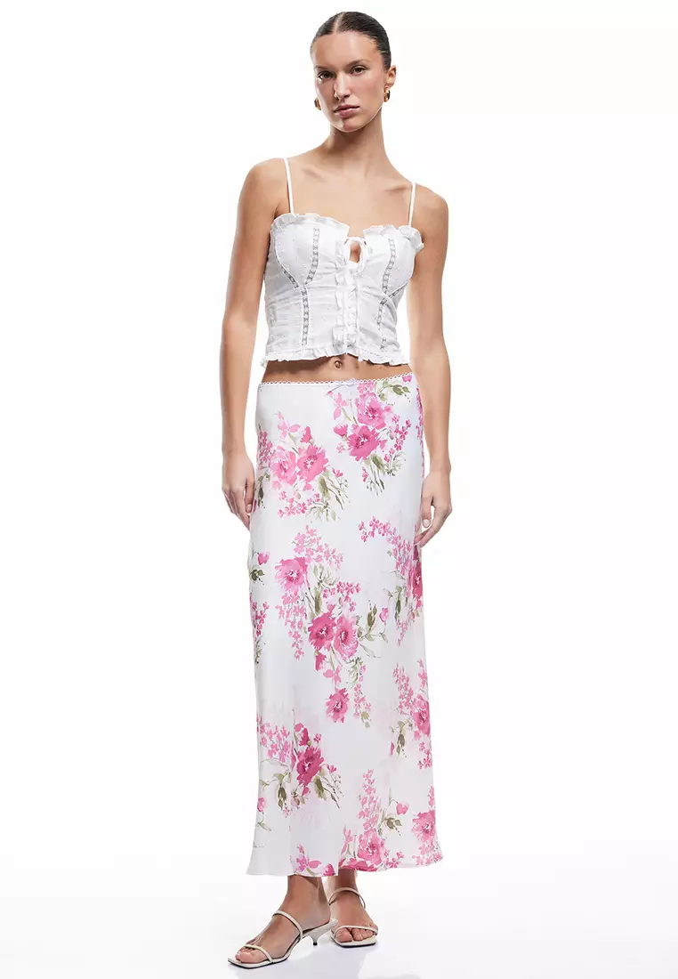 Viscose Fabric Midi Length Floral Satin Flared Skirt