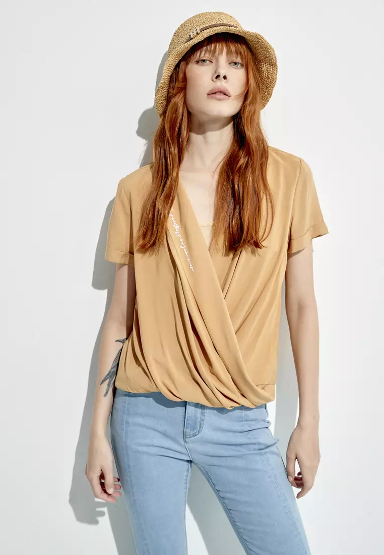 iROO Brown Front Wrap Short Sleeve Top