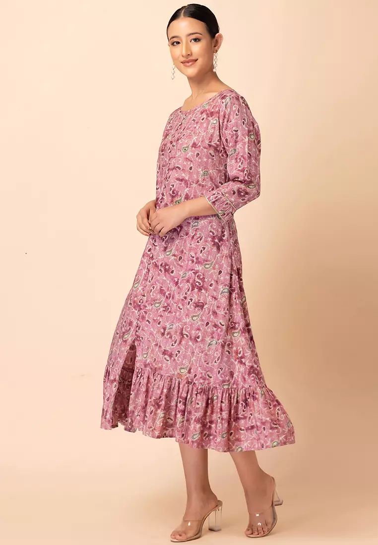Pink Paisley Jaal Print Muslin Tiered Dress