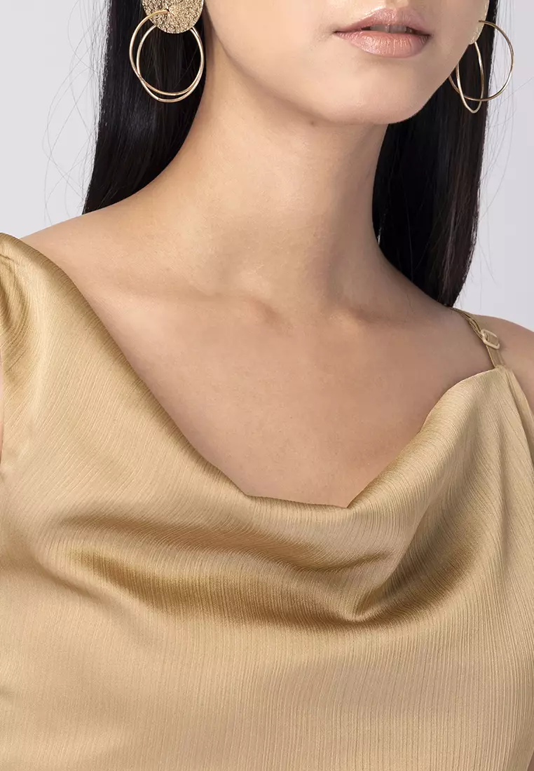 Beige Cowl Neck Dress With Fabric Tie Up