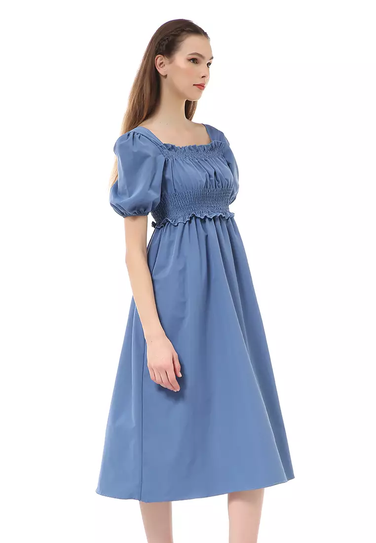 Rachel Dress Retro Wanita Full Karet Short Sleeve Material Cotton ORIGINAL - Blue