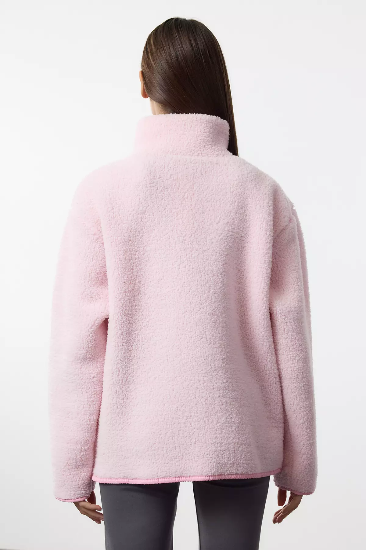 Winter Essentials Light Pink Thick Fleece Zipper Stand Collar Pocket Knitted Sweatshirt Twoaw24Sw00071