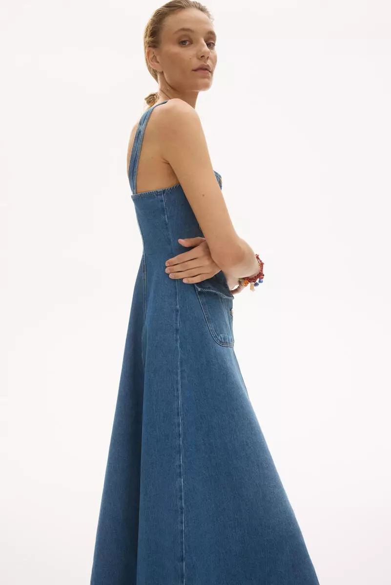 denim dress with stockings Delia Mini Large / Denim cutworkdress Zara halter neck dress. Size:17.5in / 44cm / XL felled stitching for extra